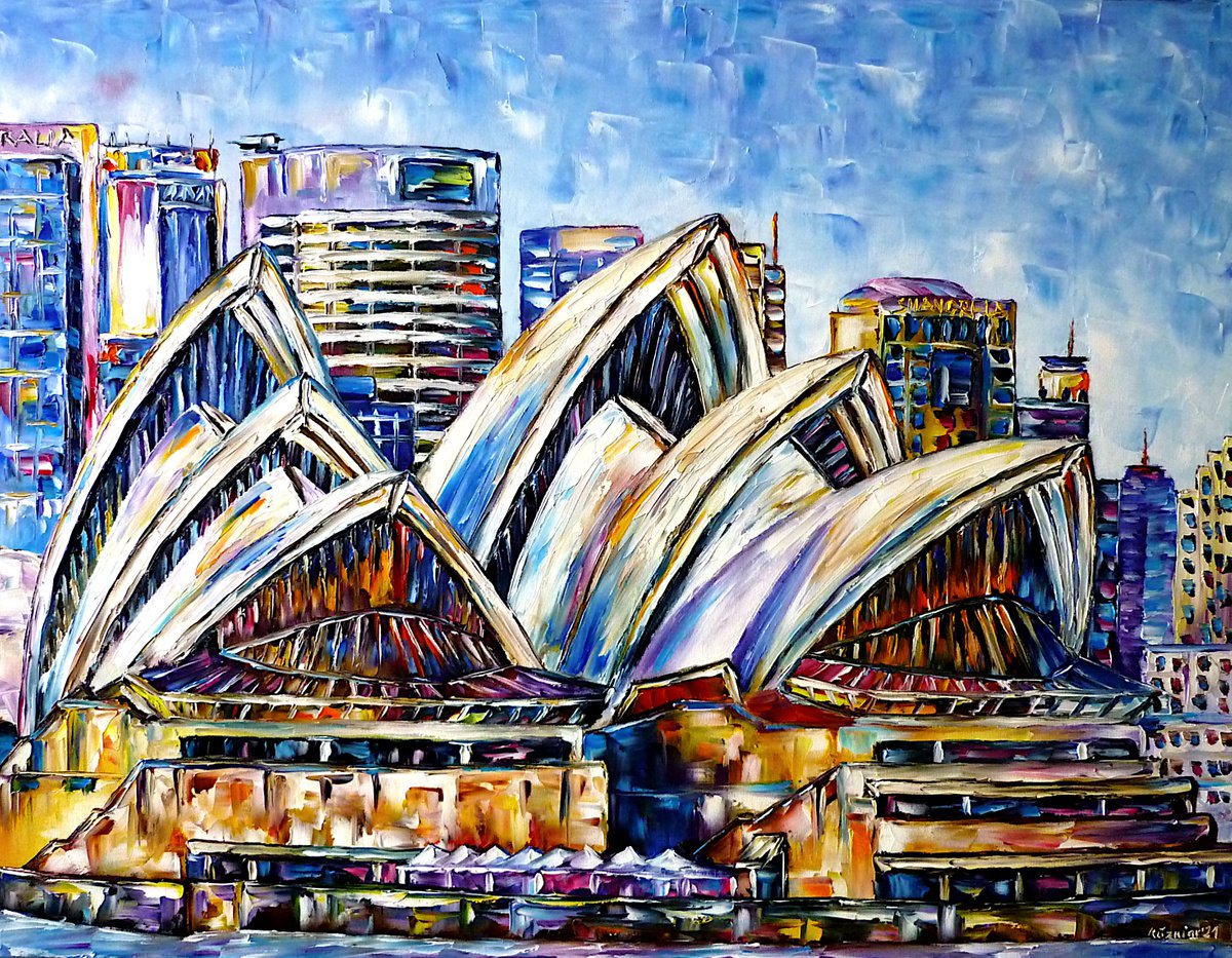 Expressive Cityscapes Oil Painting By Mirek Kuzniar, 35 X 28", Opera House, Original Artwork
