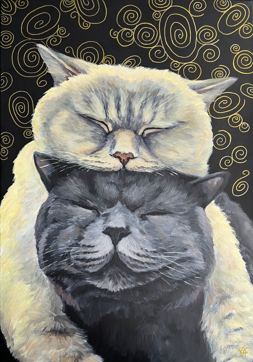 Illustrative Animal Painting By Alona Vakhmistrova, 14 X 20, Cat Love, Original Artwork