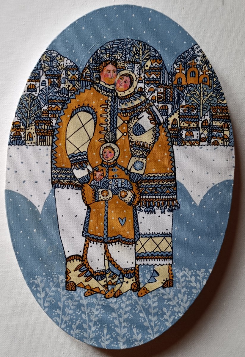 Naive Portrait Acrylic Painting By Tetiana Osadchuk, 8 X 12", Warm Winter, Original Artwork