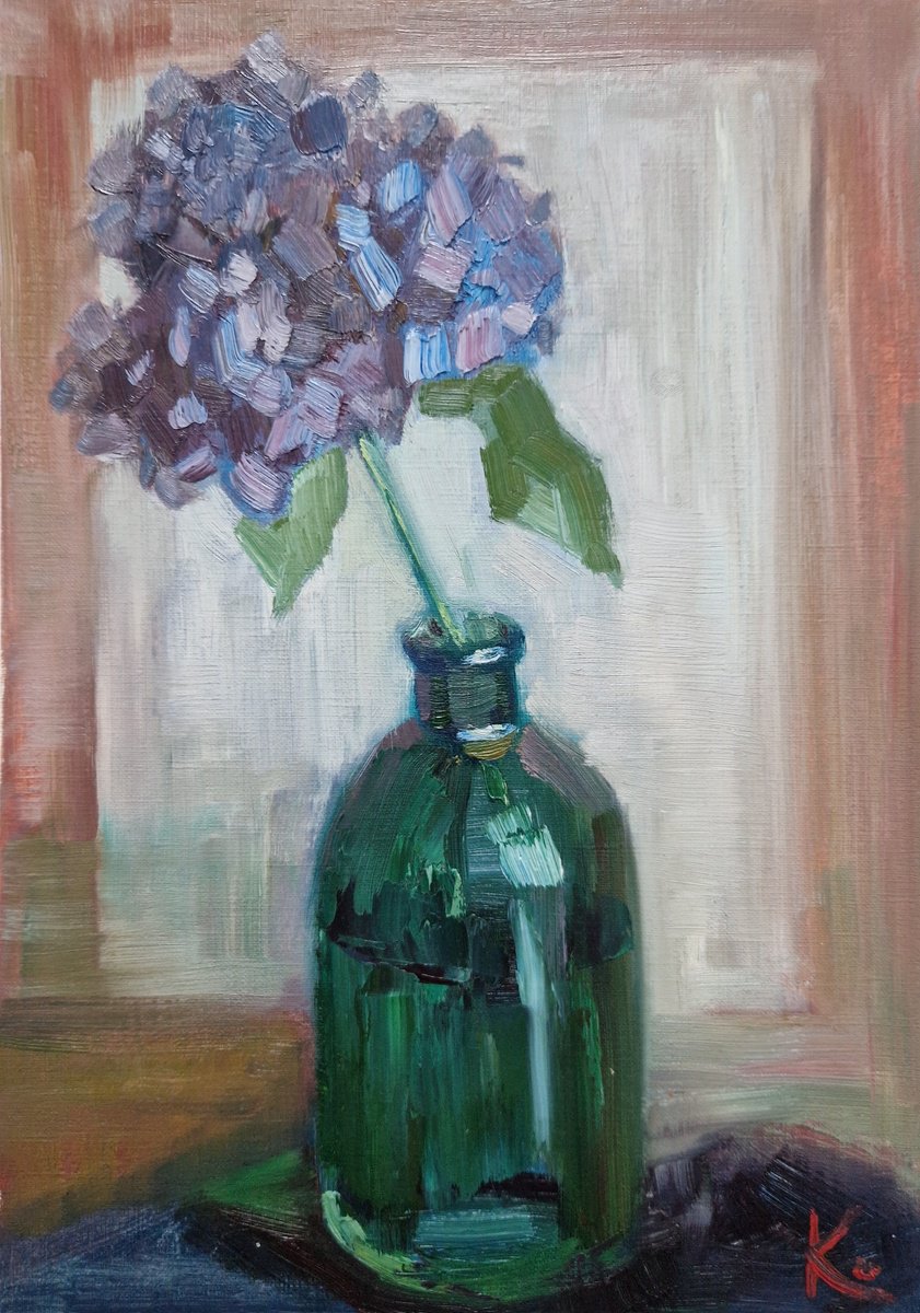 Impressionistic Botanical Oil Painting By Olena Kolotova, 10 X 14", "Blue Hydrangea In Vase", Original Artwork