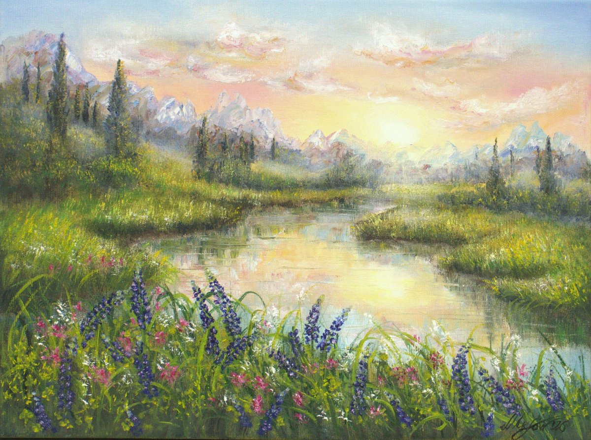 Photorealistic Oil Painting , Sunset At The Bluebonnet Field By Ludmilla Ukrow, 16 X 12, Artwork For Sale On Artfinder