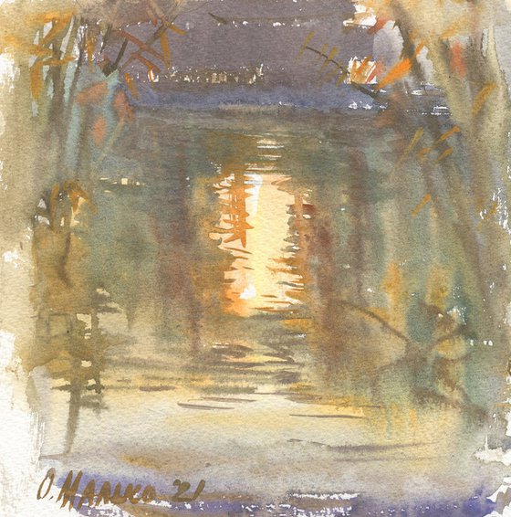 Sun reflection. Autumn pond / Plein air watercolor Original art work Fall sketch Square small picture