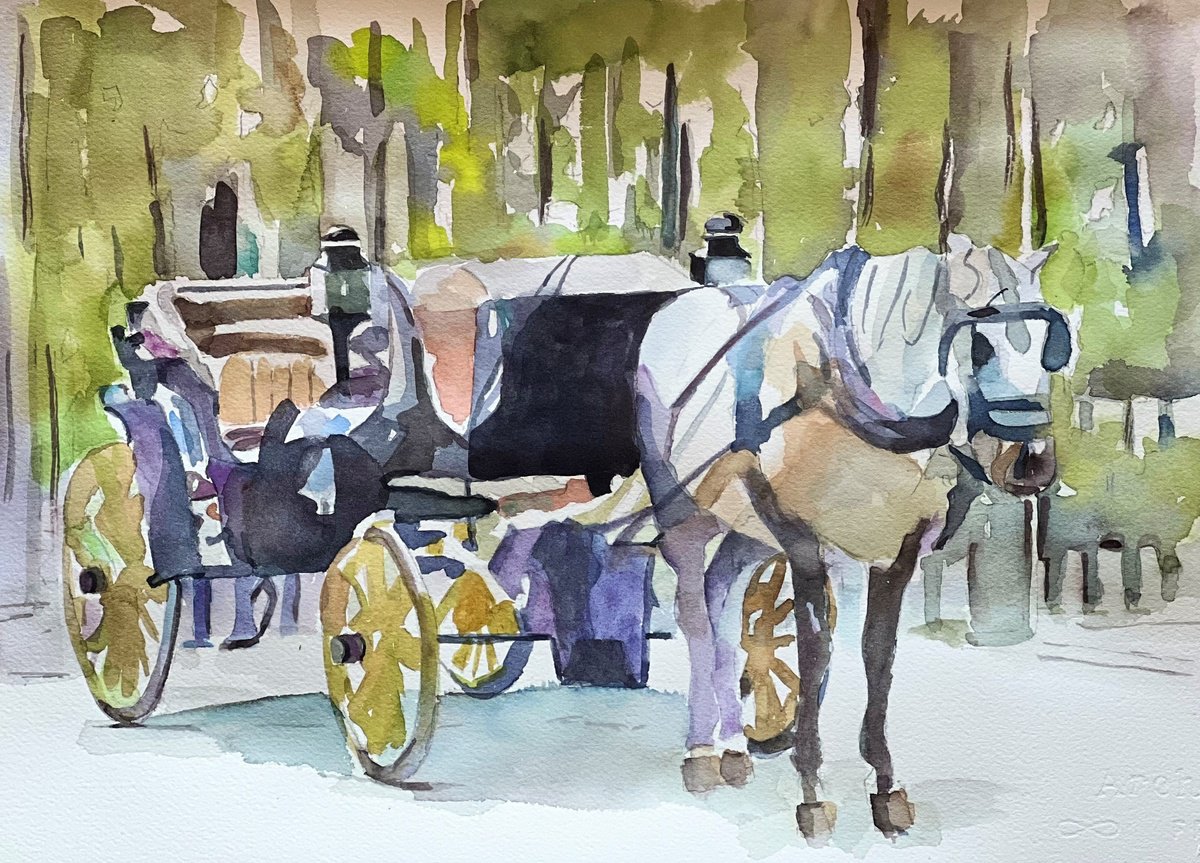 Impressionistic Animal Watercolour By Bronwen Jones, 16 X 12, Horse And Buggy, Original Artwork