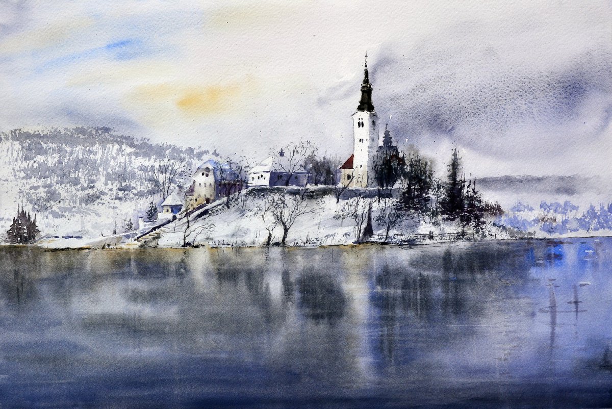 Bledsko jezero Bled Slovenija 53x35cm 2022 by Nenad Koji? watercolorist