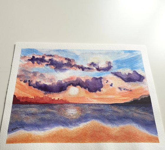 Original Watercolour approx. 6.25" x 8.25"  Seascape Painting 'Distant City' by Stacey-Ann Cole (Unframed)