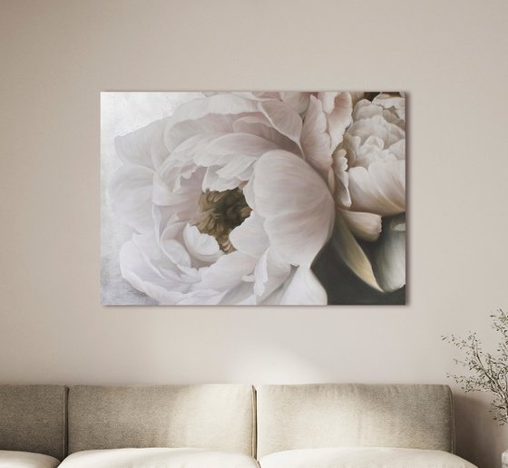 "Velvet Peonies" White silver flowers oil art
