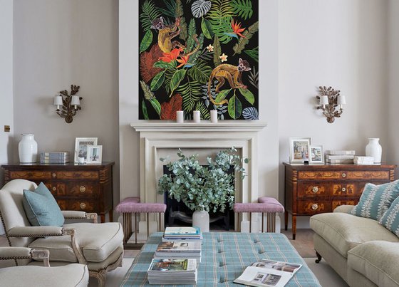 Jungle - Tropical - Monkeys - Art-Deco - Organic Floral, XL LARGE PAINTING