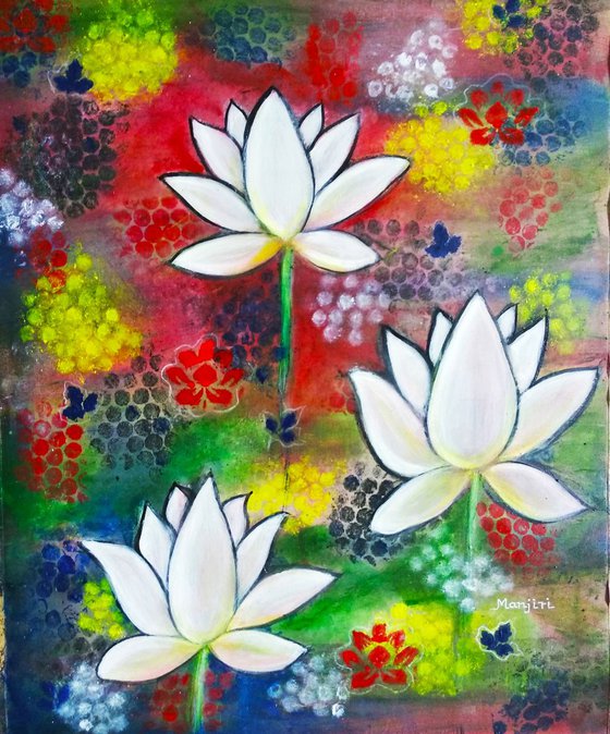 Lotus Trio a vibrant abstract  painting