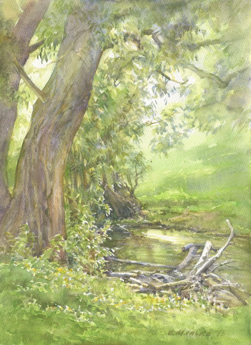 Greenery Wonderland Summer landscape Green pond watercolor Summer painting by Olha Malko