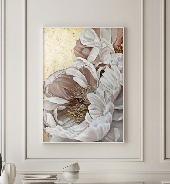 "Golden Silk Flowers" Gold white peony art