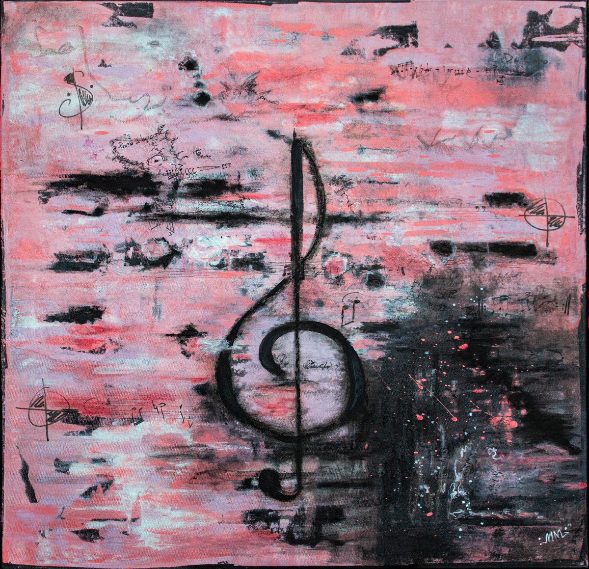 Organic Abstract Painting By Mila Moroko, 32 X 32", Big Size Abstract Painting Treble Clef, Original Artwork
