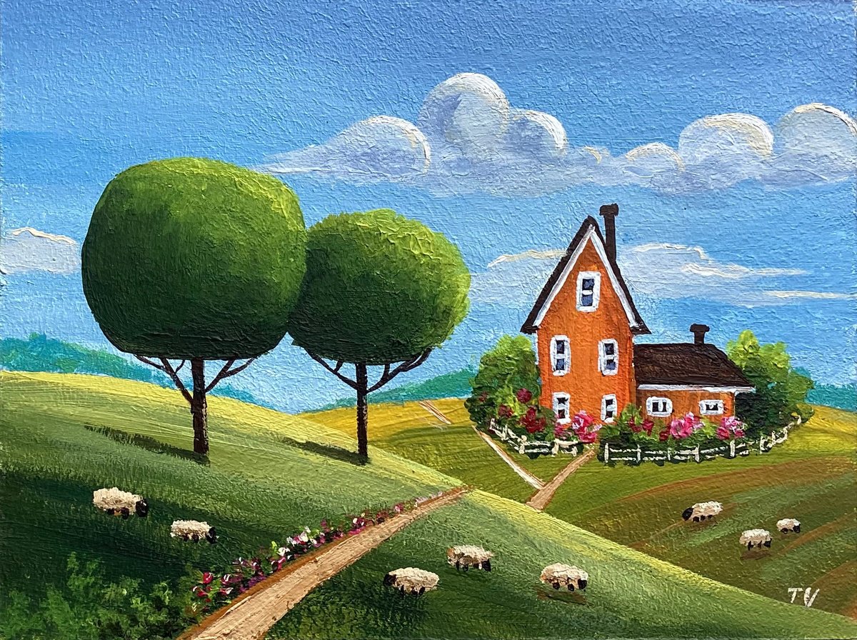 Naive Rural Landscape Acrylic Painting Original Art 6 x 8 by Tetiana Vysochynska