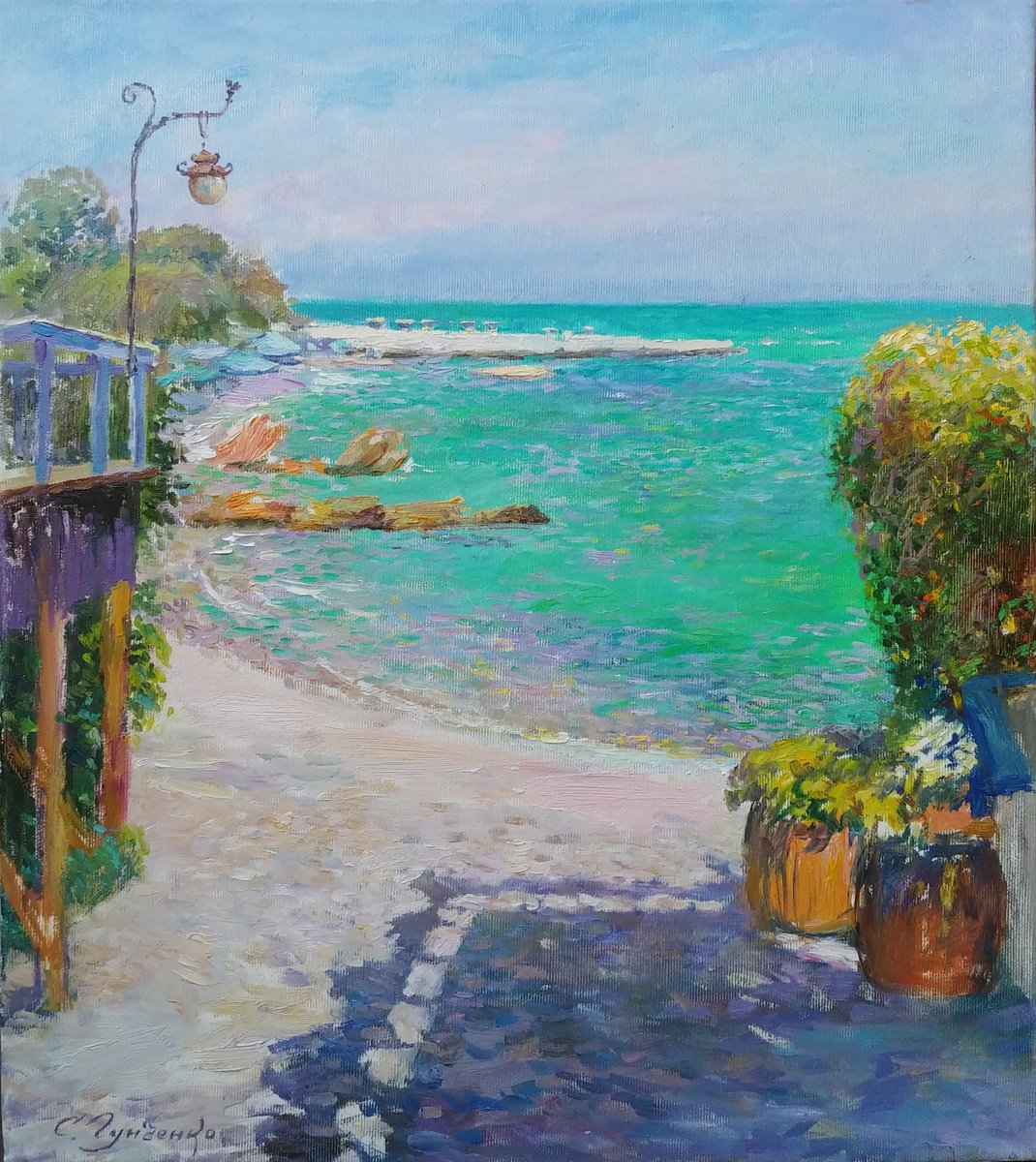 Impressionistic Landscape Oil Painting By Svitlana Koval, 16 X 18", Beach At The Small Fountain, Original Artwork