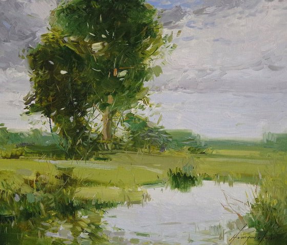 Summer Day, Landscape oil painting, One of a kind, Signed, Hand Painted