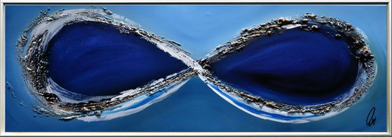 Blue Infinity - abstract acrylic painting, canvas wall art, blue, black, white gold, framed modern art