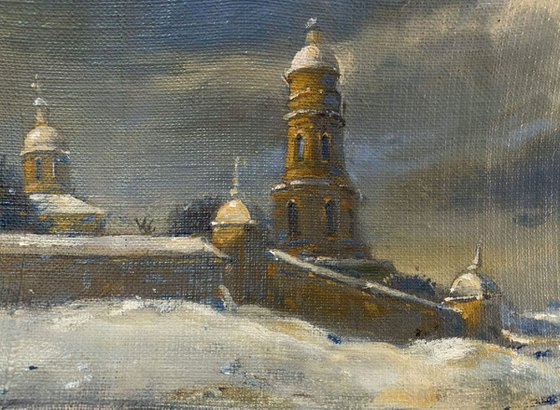 Winter landscape and monastery