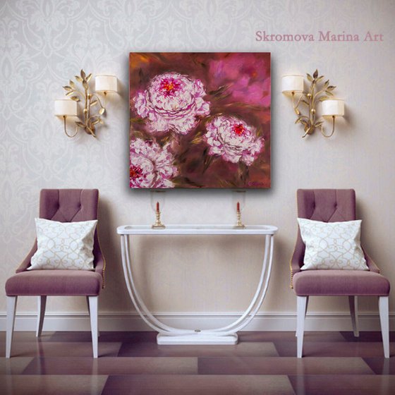 CURVY COUPLE - Set of 2 peony. Oil diptych of pale peonies on canvas. Two paintings with peonies. Double panel with peonies on the wall.