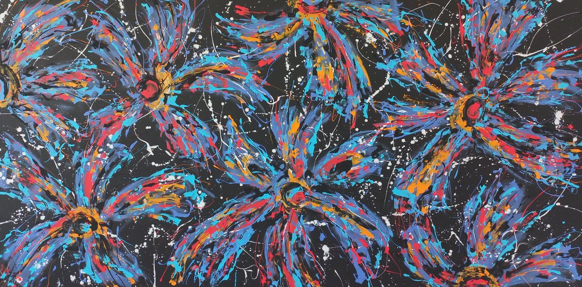 Abstract Acrylic Painting By Max Yaskin, 85 X 43", Disco Flowers By M.y., Original Artwork