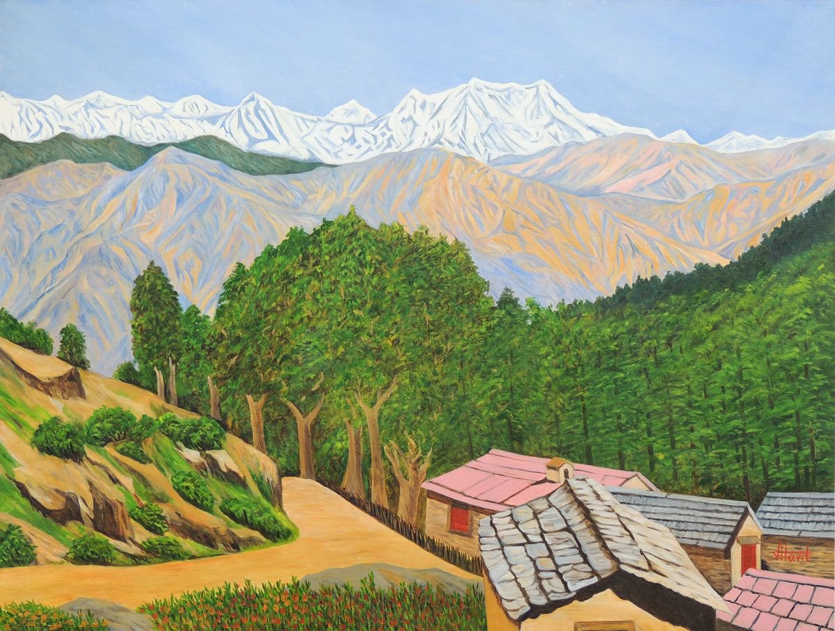 Expressive Landscape Oil Painting By Ajay Harit, 48 X 36, Himalayan Trails, Original Artwork