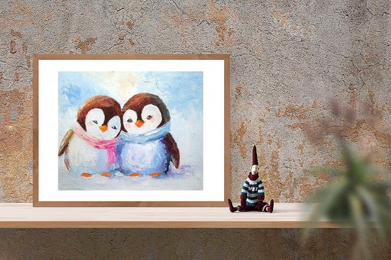 Penguin Couple Oil Painting Bird Wall Art Small Artwork