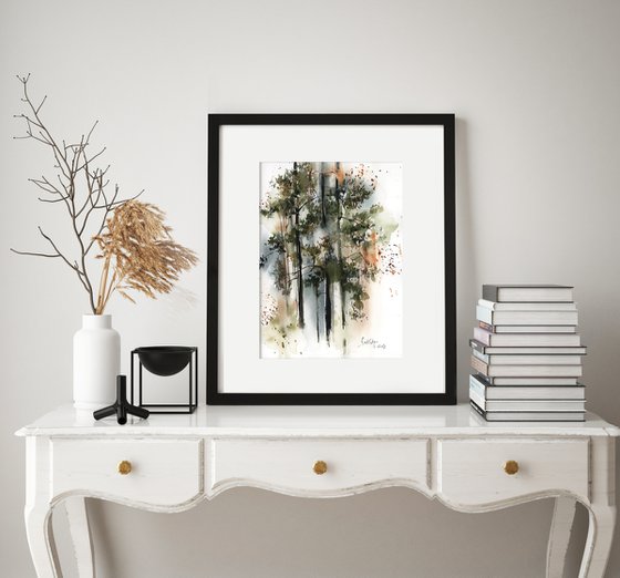 Pine Trees Landscape Watercolor Painting