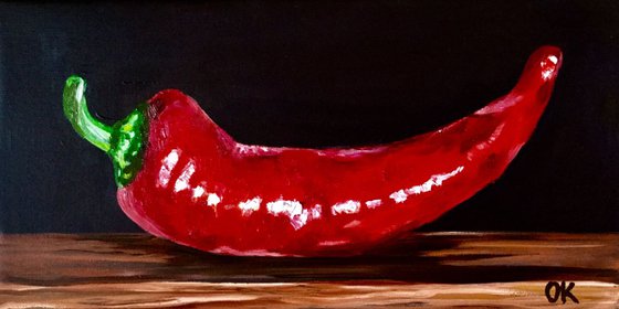 Red Pepper. Still life. Oil painting on linen canvas.