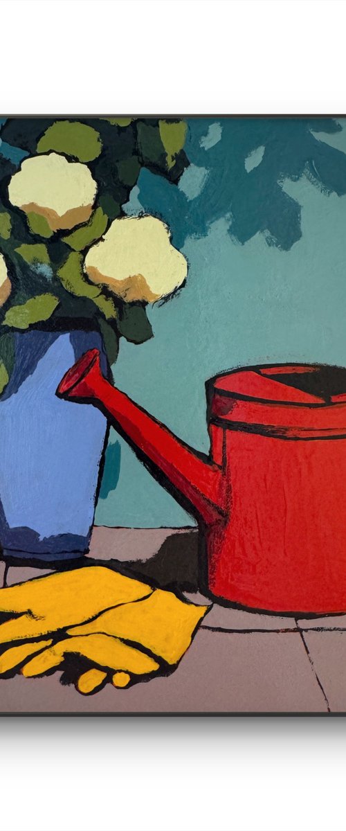 Garden Still Life with Red Watering Can by Daria Baklykova