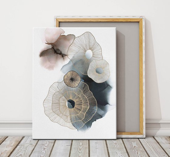 "Golden Molecules" Abstract navy gold art