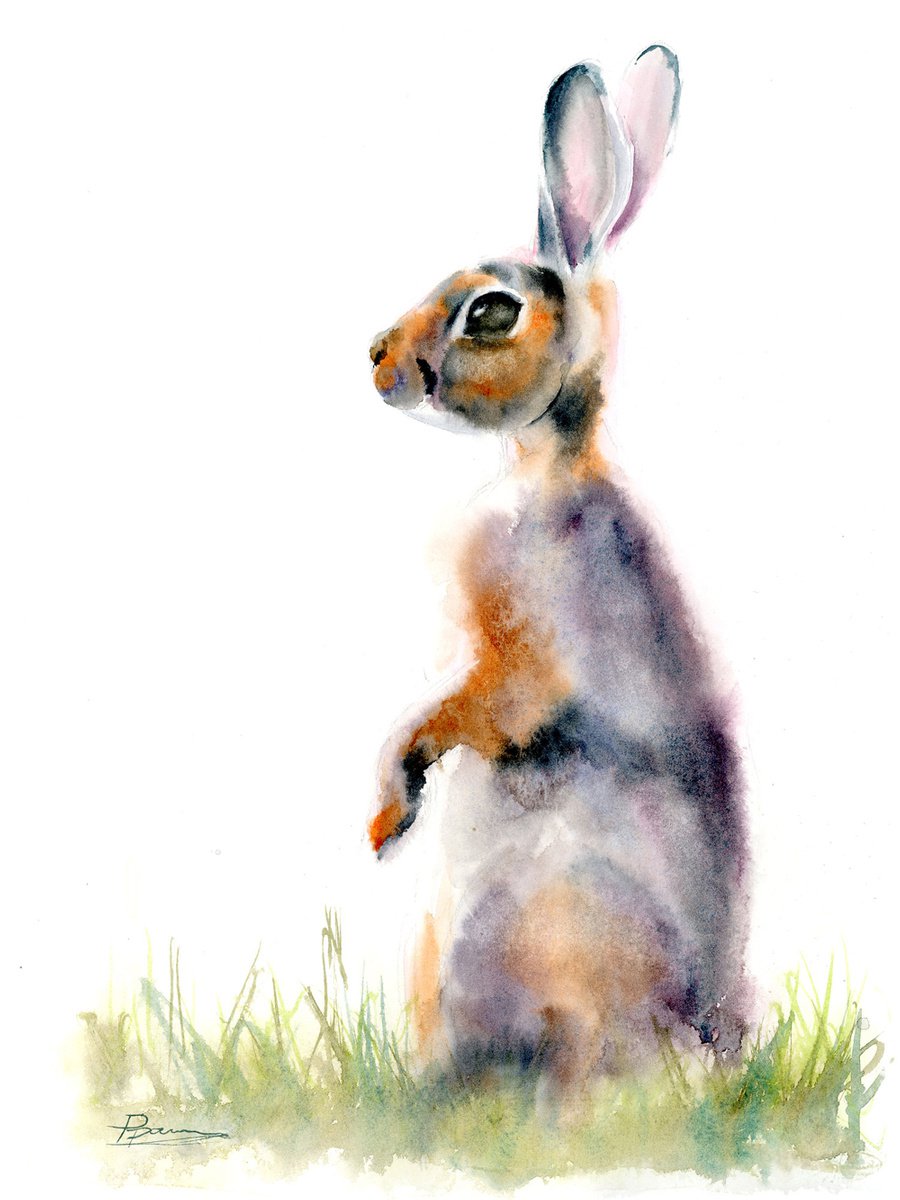Impressionistic Animal Watercolour By Olga Tchefranov (Shefranov), 11 X 15", Standing Rabbit, Original Artwork