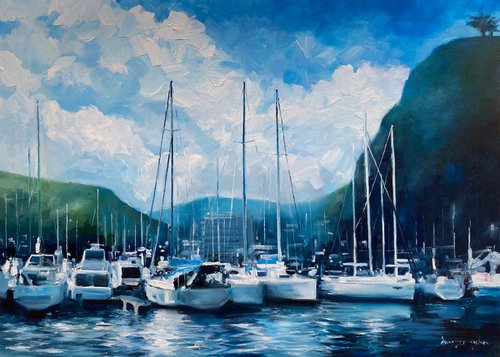"Yachts Harbor"original oil painting by Artem Grunyka by Artem Grunyka