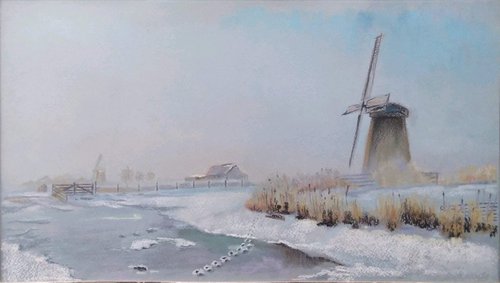 Dutch mills - winter landscape with pastels, as a gift by Liubov Samoilova