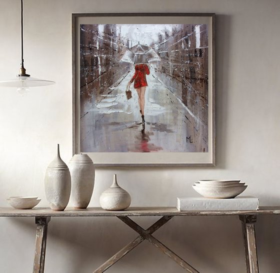 " MY CITY ... "  RAIN street spring summer original painting CITY palette knife GIFT