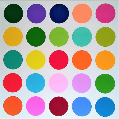 LARGE ABSTRACT COLORFUL RESTAURANT OFFICE INTERIOR DESIGN DECOR RAINBOW POLKADOTS "JUMBO RED DOT"  48" X 48" by Carrie White