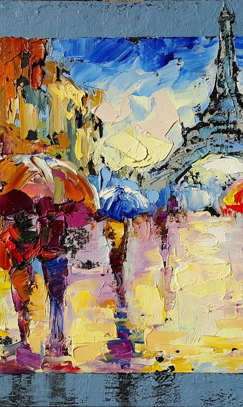 Painting Rainy Paris, impasto artwork, palette knife, original on canvas by Viktoria Lapteva