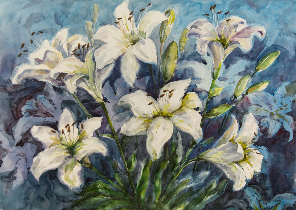 Impressionistic Botanical Watercolour By Galyna Shevchencko, 23 X 17, White Lilies, Original Artwork