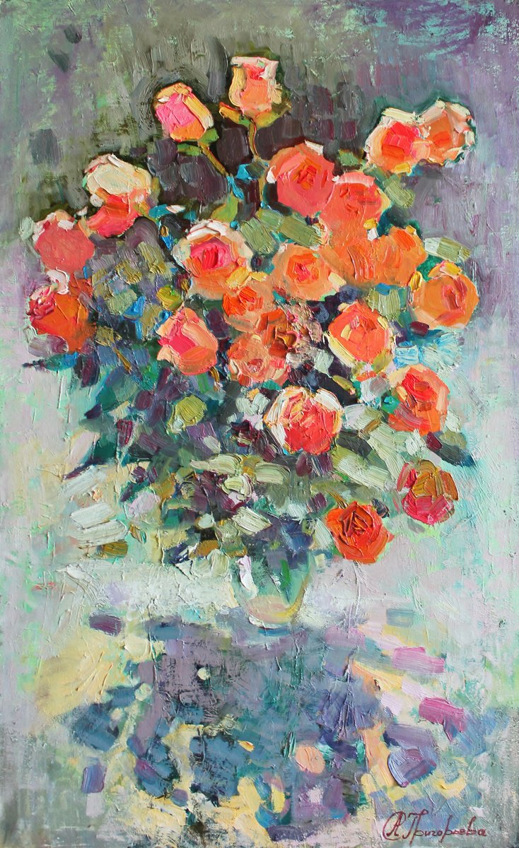 Impressionistic Still Life Oil Painting By Anastasiia Grygorieva, 22 X 37, Coral Roses, Original Artwork