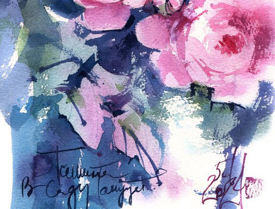"Silence dances in the garden" - Romantic watercolor sketch of a roses at dusk.