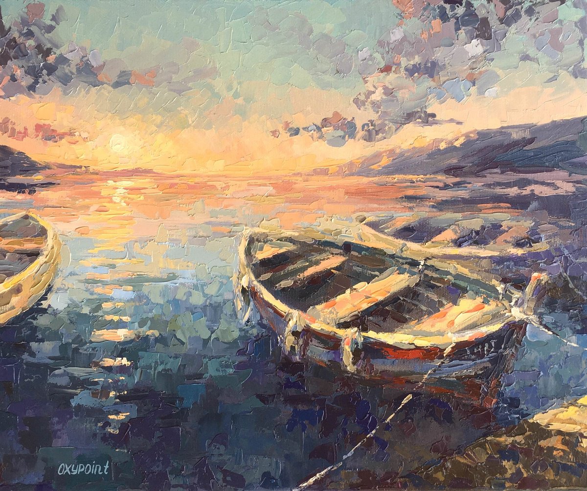 Impressionistic Landscape Oil Painting By Oxypoint, 18 X 15", "A Moment Of Peace At Sunset", Original Artwork