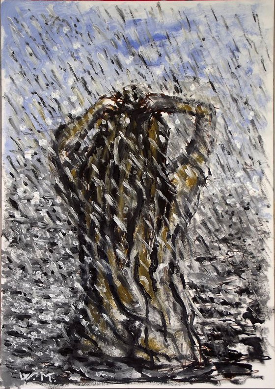 RAINY LAKE GIRL , THE BATH - Thick oil painting - 29.5x42 cm