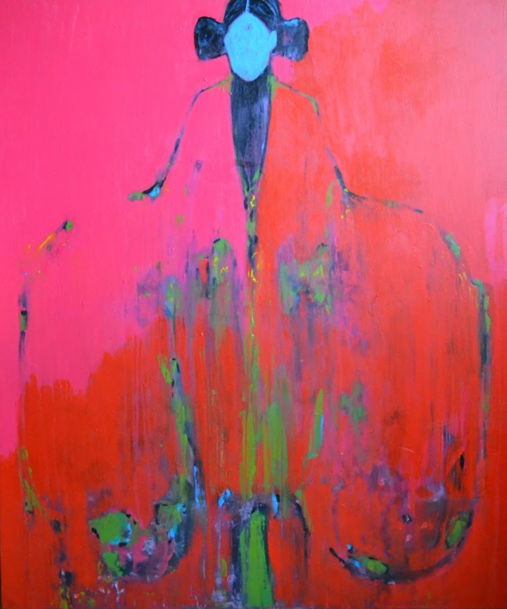 Abstract Acrylic Painting By Gela Mikava, 39 X 47, Red Abstract, Original Artwork