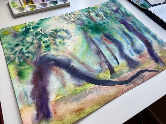 Landscape Original Watercolor Painting, Sunset Forest Artwork, Sun through Trees Art, Rustic Home Decor