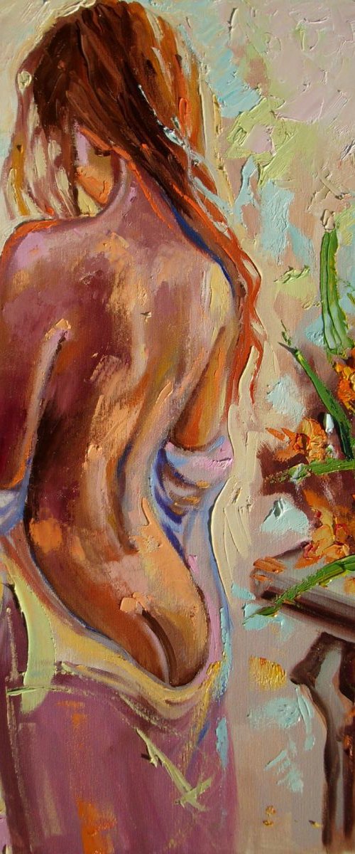 " SPRING IS COMING "  ABSTRACT original OIL painting CITY palette knife, flower, girl, by Monika Luniak