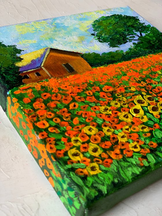 House in flower field ! Miniature Painting!!  Ready to hang