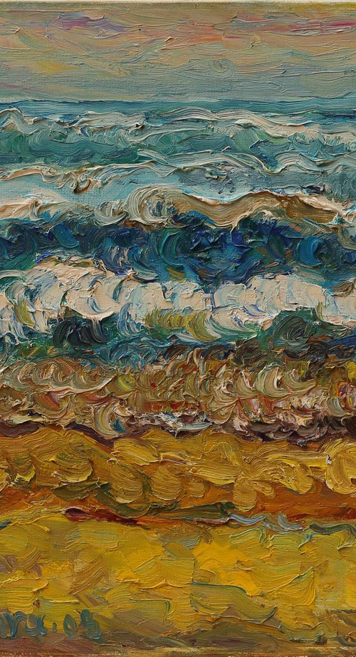 BENGAL BAY WAVES - Landscape art, waterscape, marina, ocean, beach, sun, sky, sunset, light on water, original oil painting, summer, wave, blue, yellow, warm colours, nature impressionism art office interior home decor, gift 50x65 by Karakhan