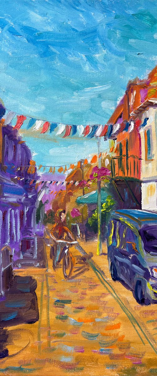 Festive Dutch town scene with cyclist by Dmitry Fedorov