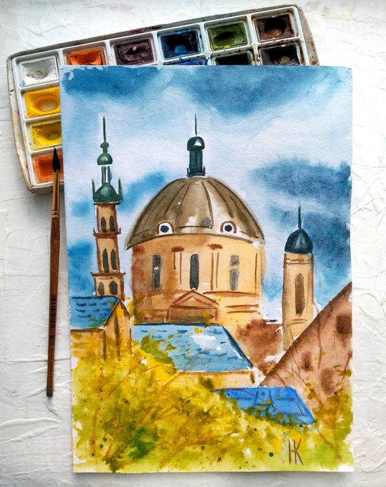 Lviv Painting Cityscape Original Art Ukraine Small Watercolor Artwork Home Wall Art 8 by 12" by Halyna Kirichenko