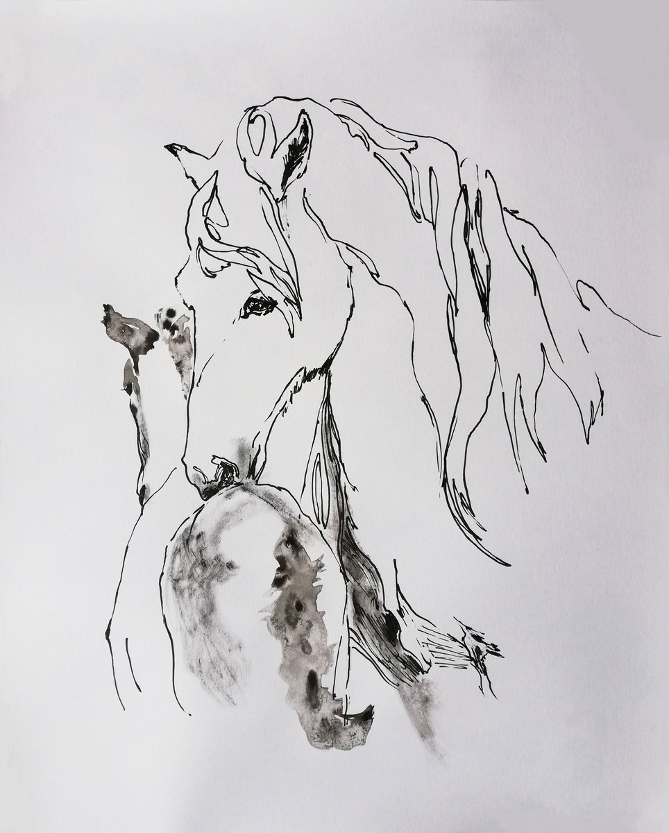Impressionistic Animal Ink Drawing By Jelena Djokic, 13 X 17, With Foal, Original Artwork
