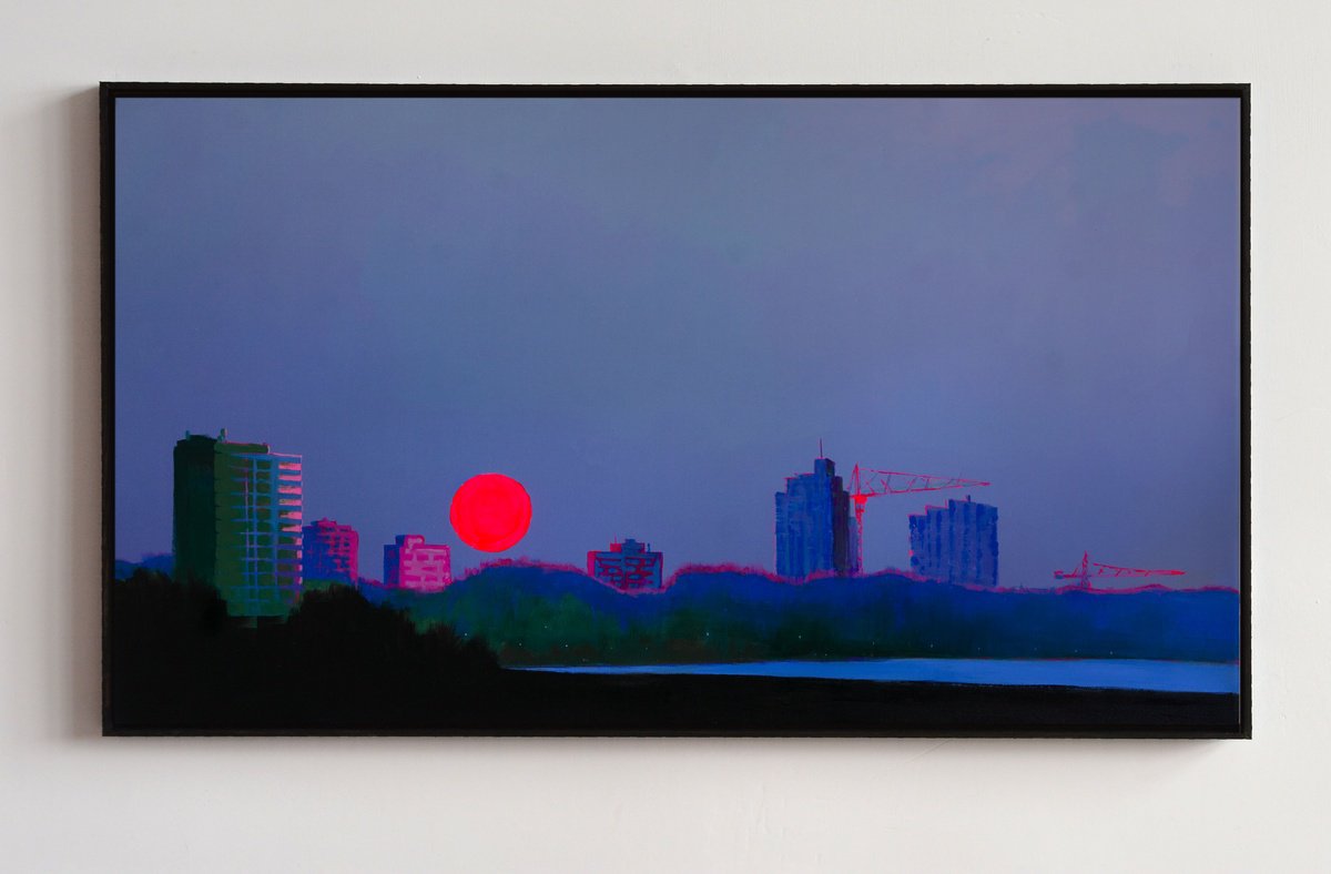 Impressionistic Landscape Acrylic Painting By Bohdan Katolyk, 40 X 22, Red Sun Cityscape, Original Artwork