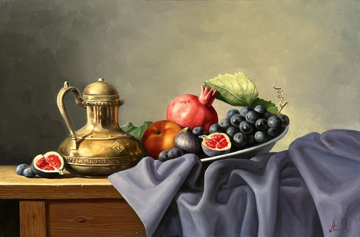 Photorealistic Still Life Oil Painting By Tamar Nazaryan, 24 X 16", Still Life With Fruits, Original Artwork