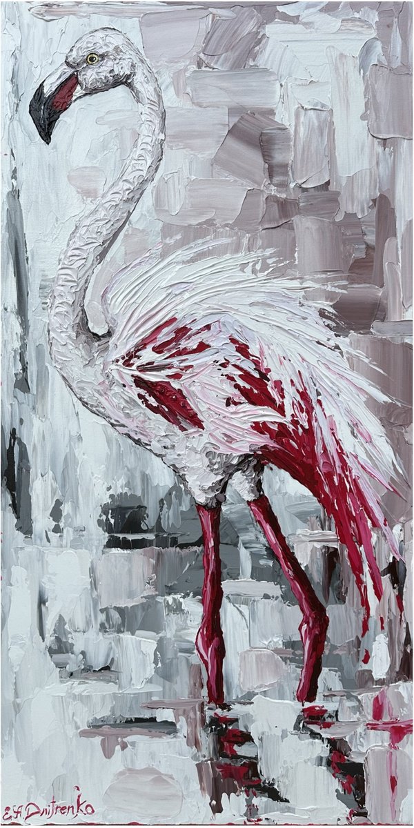 Expressive Animal Acrylic Painting By Elena Adele Dmitrenko, 24 X 48, Magenta Flamingo, Original Artwork